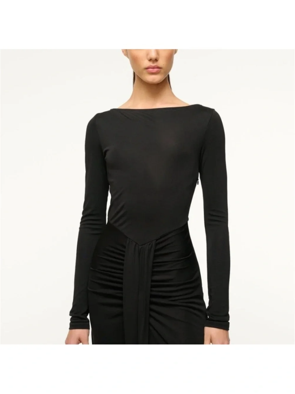 STAUD Black Long-Sleeve Ruched Midi Dress - Picture 2 of 8